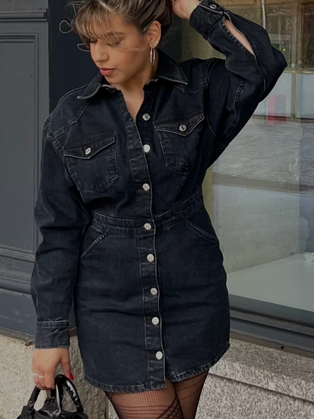 Zara Black Denim Button-Front Jacket Dress